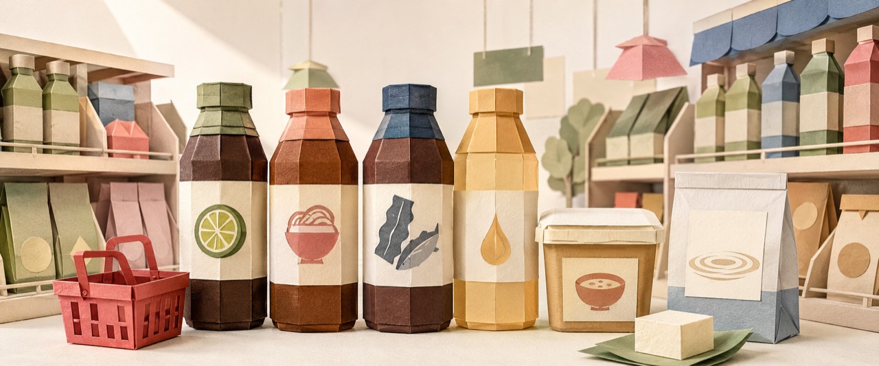 Paper-crafted bottles and packages representing everyday Japanese seasonings in a supermarket aisle.