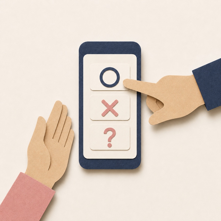 A restaurant staff member pointing to a clear yes, no, or check response.