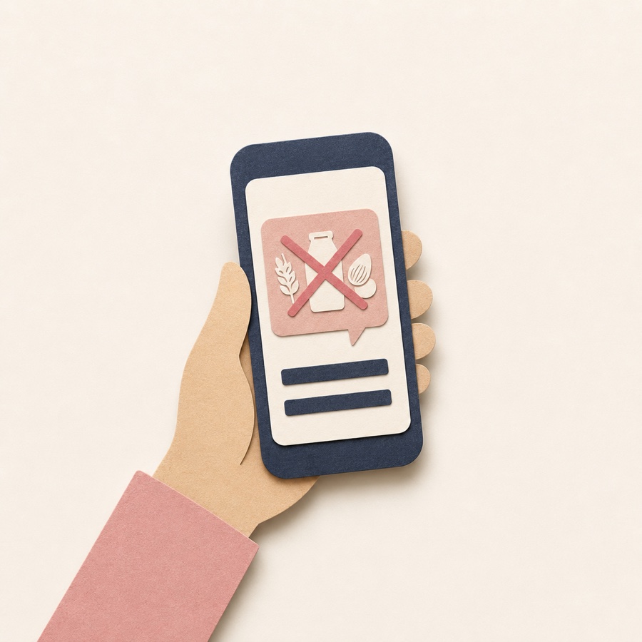 A hand holding a phone displaying a food restriction card.