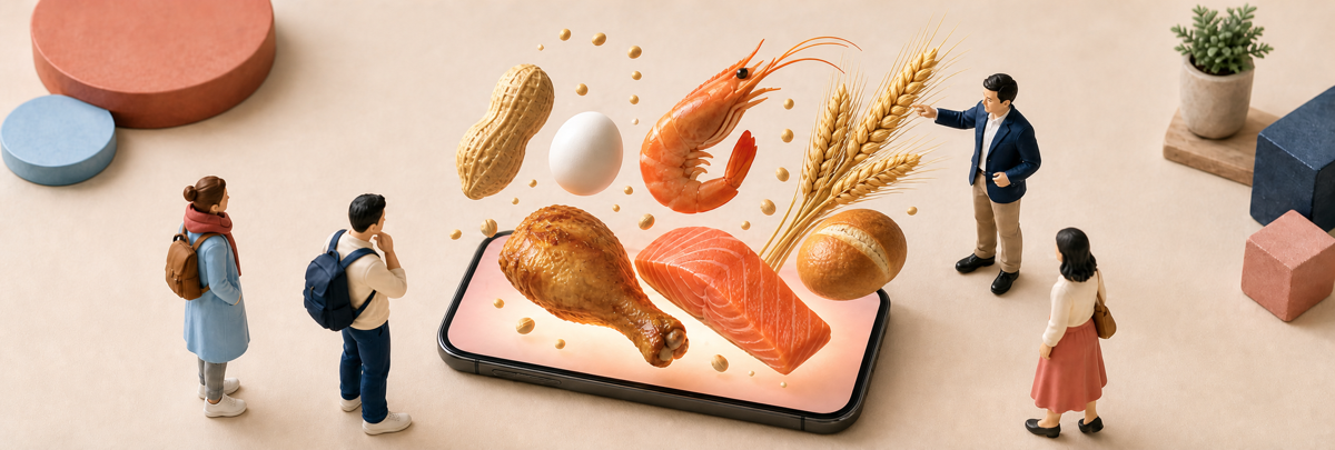 Miniature travelers watching wheat, egg, seafood, and chicken rise from a smartphone.